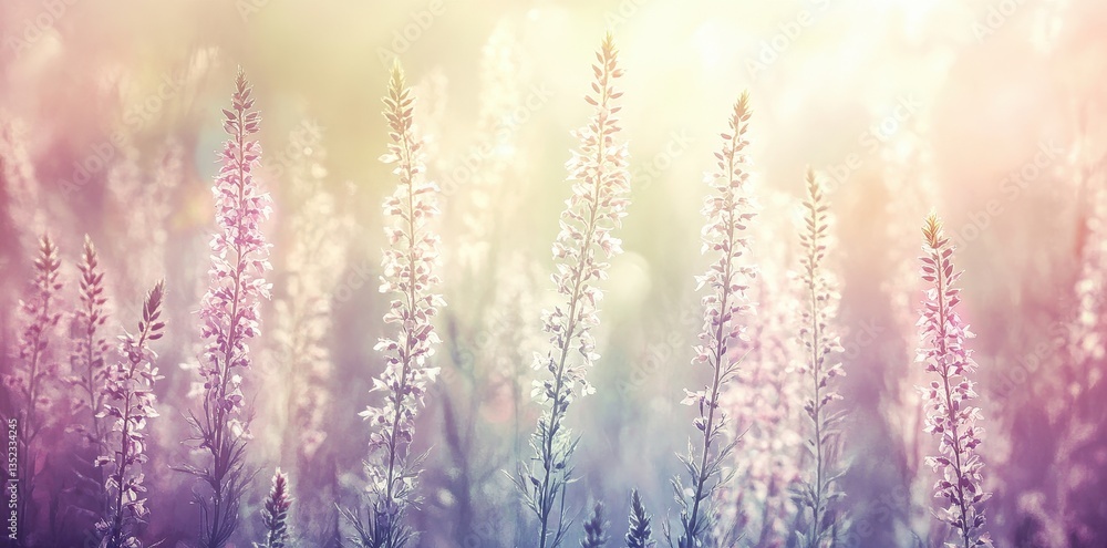 Fototapeta premium Tall purple wildflowers glowing softly in a bright natural landscape setting