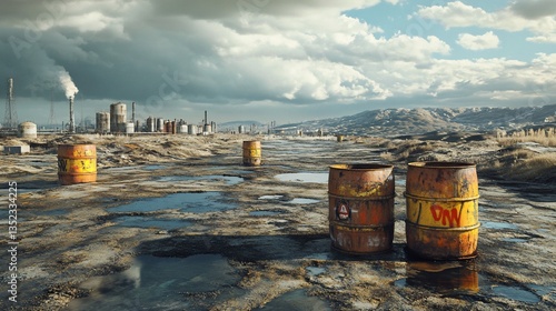 Post-Apocalyptic Industrial Wasteland with Toxic Waste Barrels and Factory Scenery