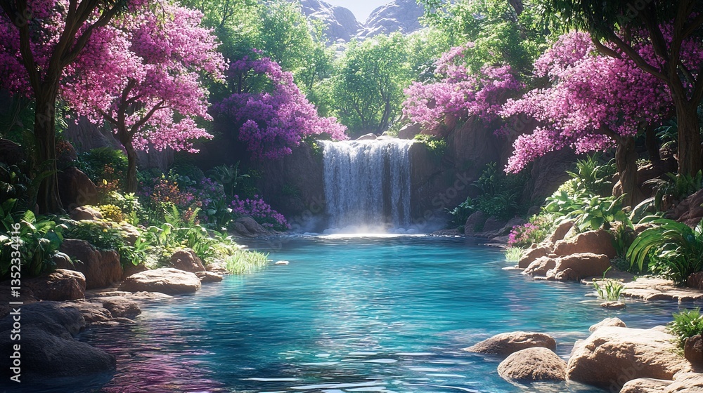 Naklejka premium Lush waterfall cascading into a pristine blue pool, surrounded by vibrant nature