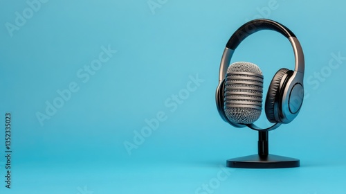 Microphone and Headphones on a Blue Background