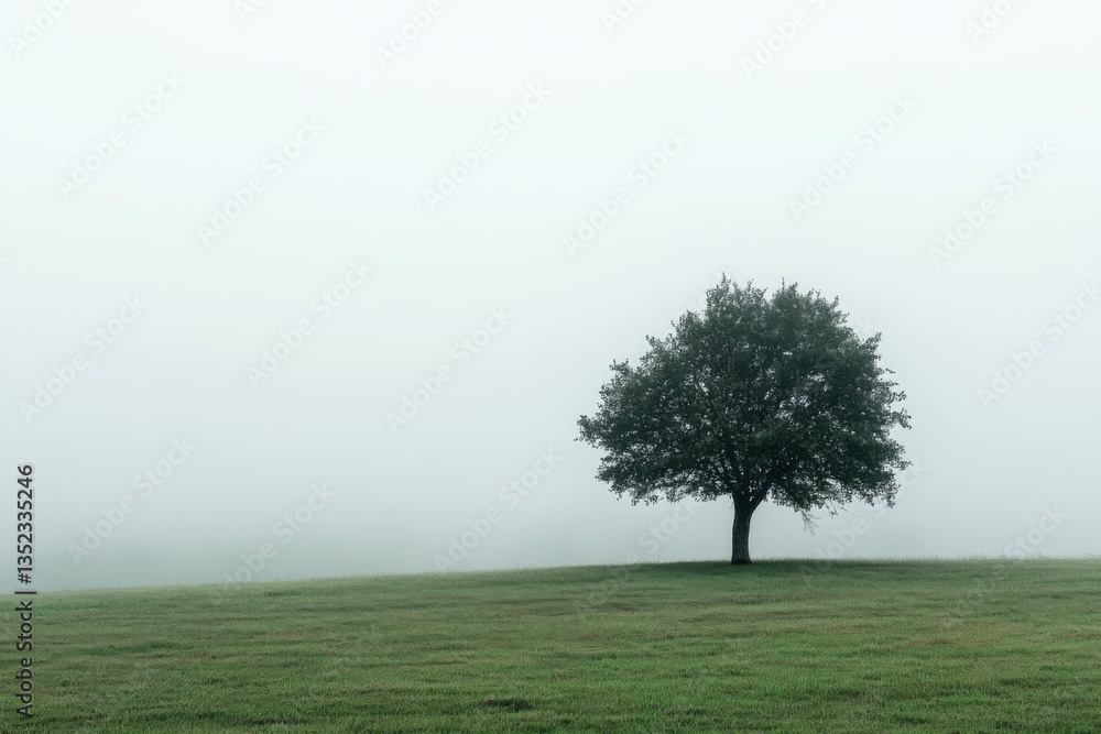 Obraz premium Lone tree in foggy field with minimalist composition and negative space on left