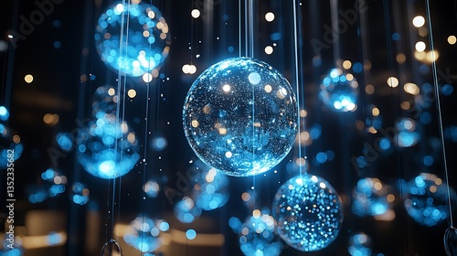 Glowing blue glass spheres hanging, dark background.