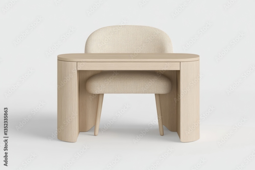 Modern, light-toned wooden desk and chair set. Rounded, simple design, perfect for a minimalist space Modern, light-toned wooden desk and chair set. Rounded, simple design, perfect for a minimalist space