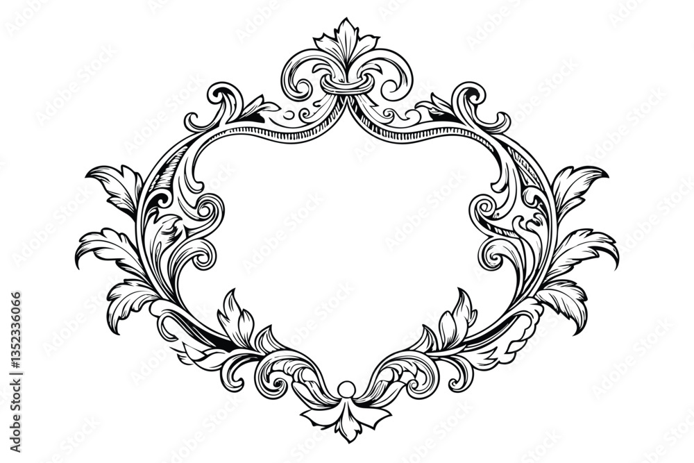 Fototapeta premium Ornate Floral Frame, Decorative Leaf Border, Elegant Black and White Flourish Design