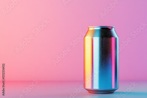 A brightly lit aluminum can reflecting vibrant pink and blue colors