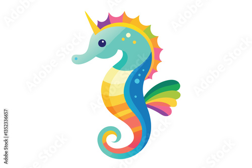 Rainbow Seahorse with Unicorn Horn, Colorful Sea Creature Isolated on White Background