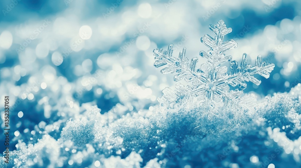 A close up view of a delicate crystalline snowflake in the snow A close up view of a delicate crystalline snowflake in the snow