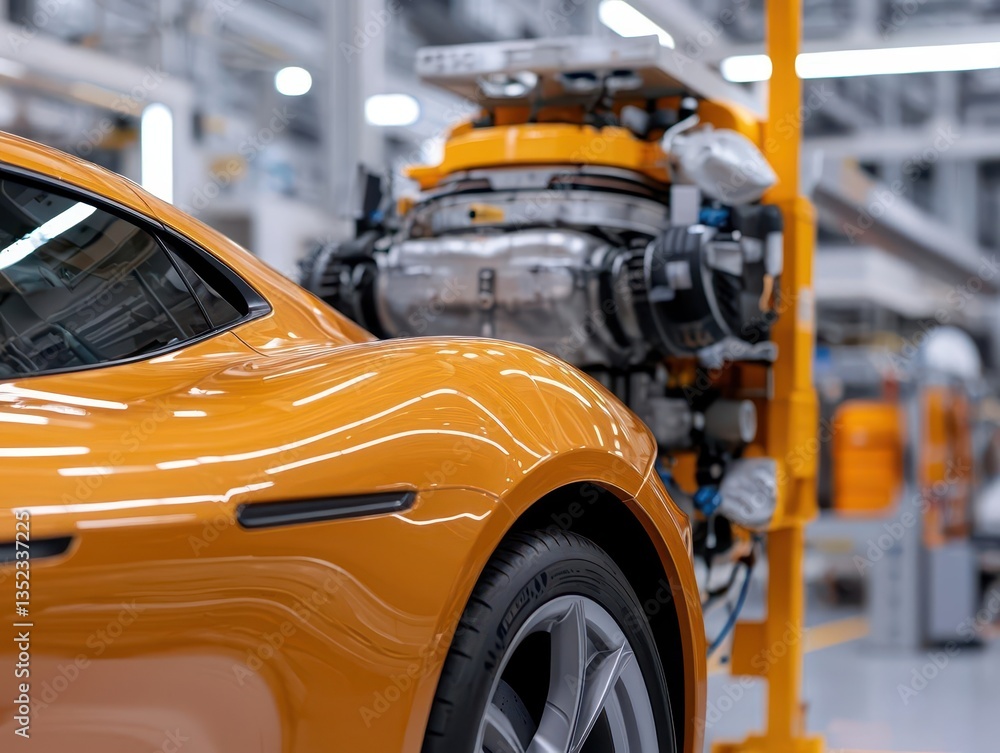 Obraz premium Supercar undergoing a comprehensive check in a futuristic garage, with engineers inspecting the fuel system and engine