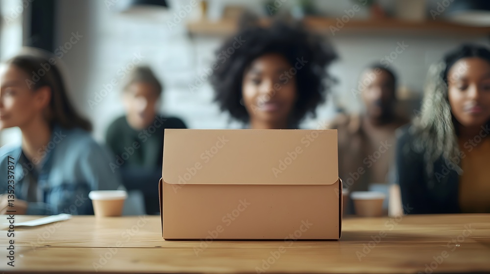 Box of anticipation : A close-up shot features a plain box resting on a wooden table, with an unfocused gathering of people in the background. The scene suggests a moment of expectation and focus. Box of anticipation : A close-up shot features a plain box resting on a wooden table, with an unfocused gathering of people in the background. The scene suggests a moment of expectation and focus.