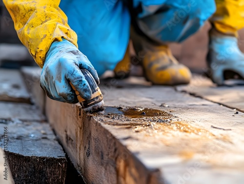 Homeowner applying DIY termite treatment on wooden structures.
