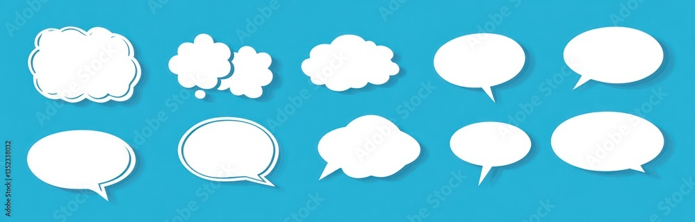 White speech bubble vector set. Collection of comic text bubbles and word boxes on a blue background White speech bubble vector set. Collection of comic text bubbles and word boxes on a blue background