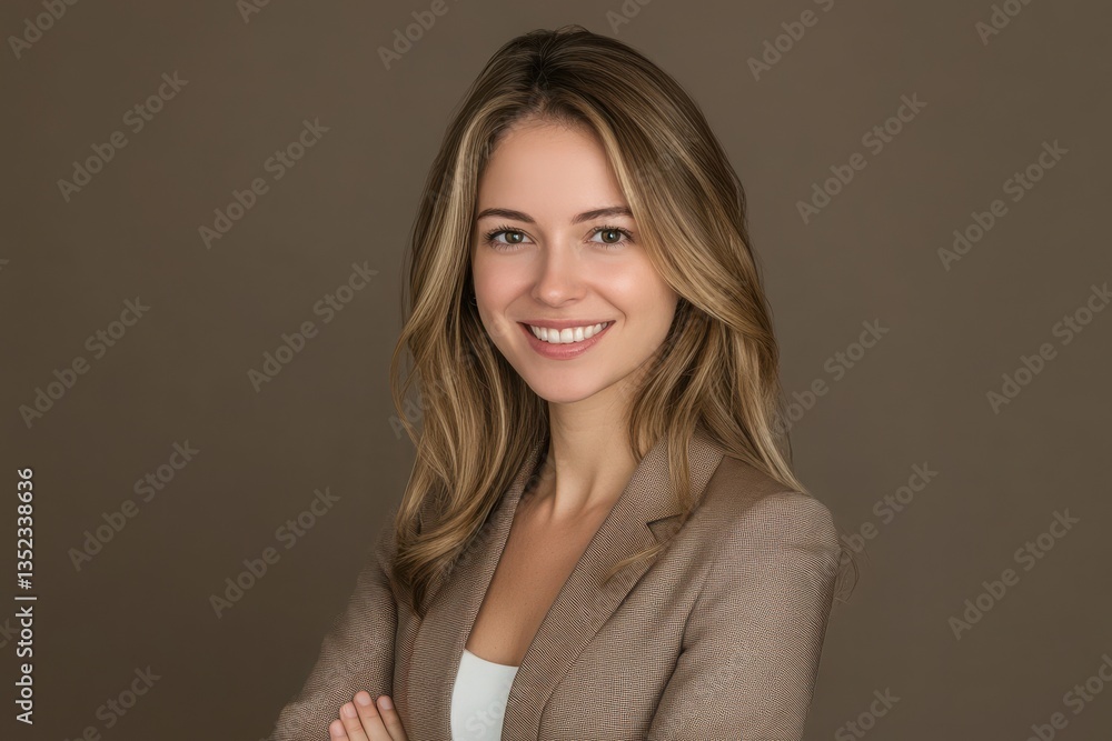 Obraz premium Portrait of a smiling woman with long blonde hair wearing a brown blazer on a neutral background