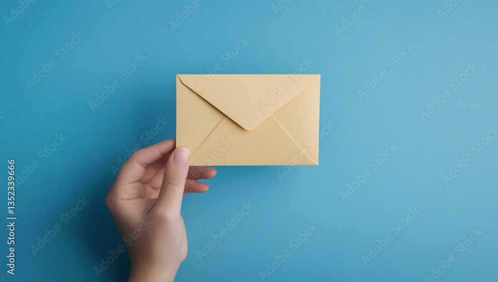 Pastel Yellow Envelope Held in Hand Against a Blue Background Pastel Yellow Envelope Held in Hand Against a Blue Background