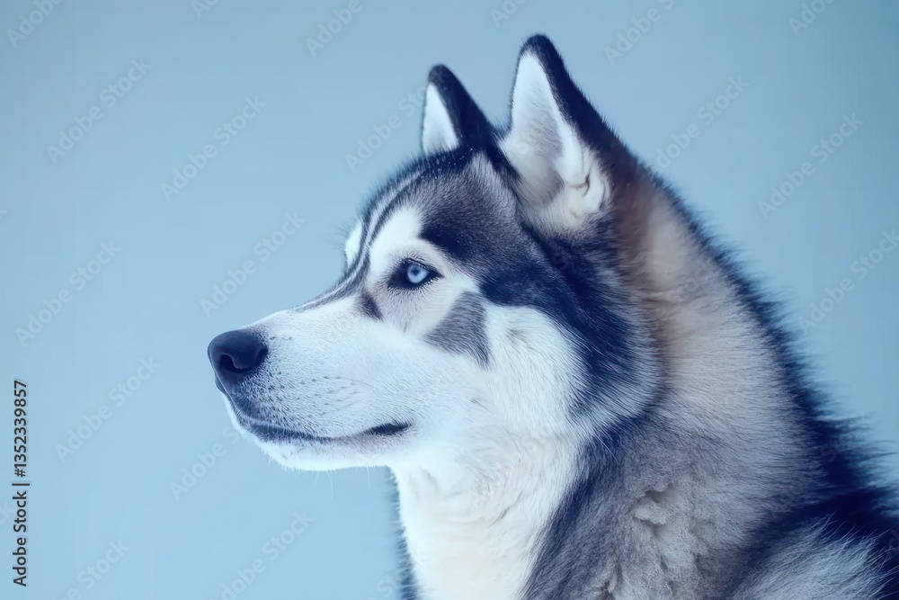 Husky dog profile, blue background, alert gaze, pet portrait, website banner Husky dog profile, blue background, alert gaze, pet portrait, website banner