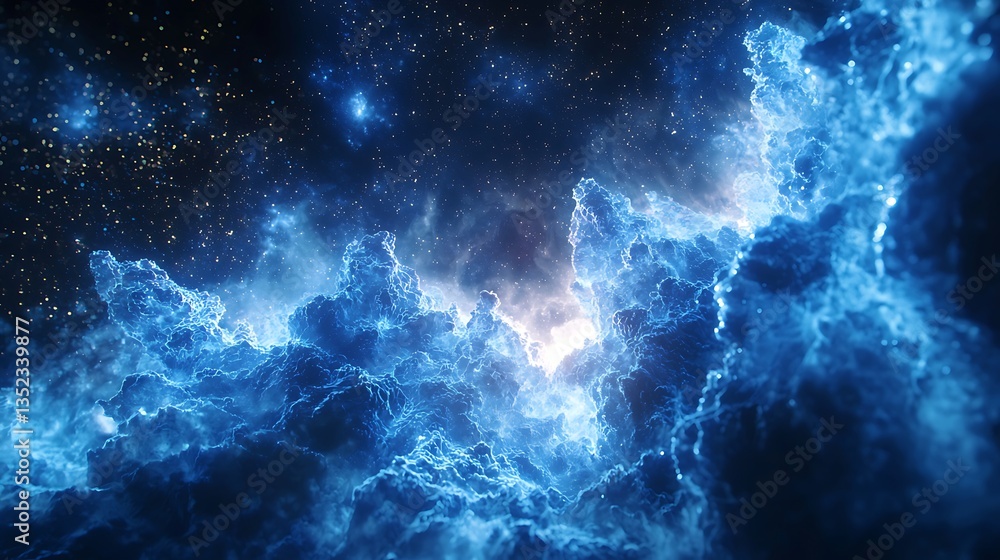 Obraz premium Glowing blue nebula in space with stars.