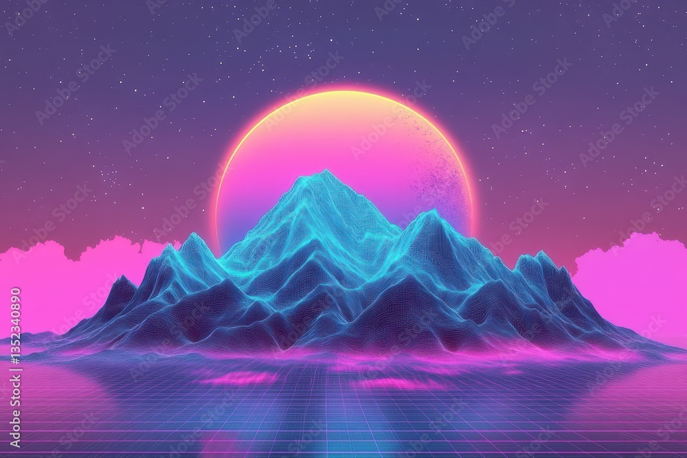 Fototapeta premium Abstract neon landscape featuring a large sun and futuristic mountains