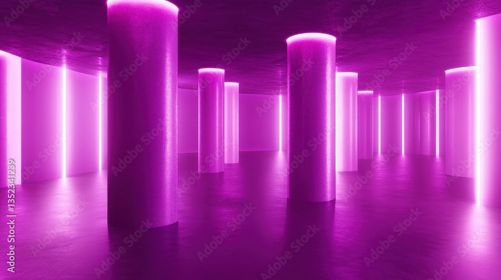 A modern architectural interior space filled with neon pink illumination A modern architectural interior space filled with neon pink illumination