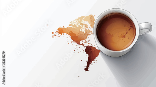 High-angle, close-up view of a white coffee cup containing espresso. A portion of the coffee has spilled onto a white surface, forming an abstract shape resembling a world map. The coffee stain is