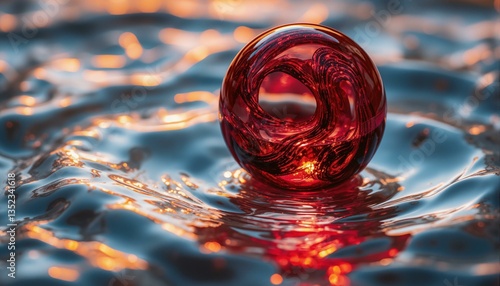 A stunning glass artwork featuring a crimson orb amidst swirling ripples in molten silver.