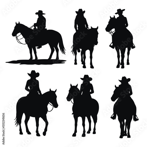 Collection set of Cowboy or cowgirl riding a horse in a silhouette