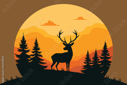 Silhouette Deer with Antlers Amidst Pine Trees Against Mountain and Sunrise Backdrop