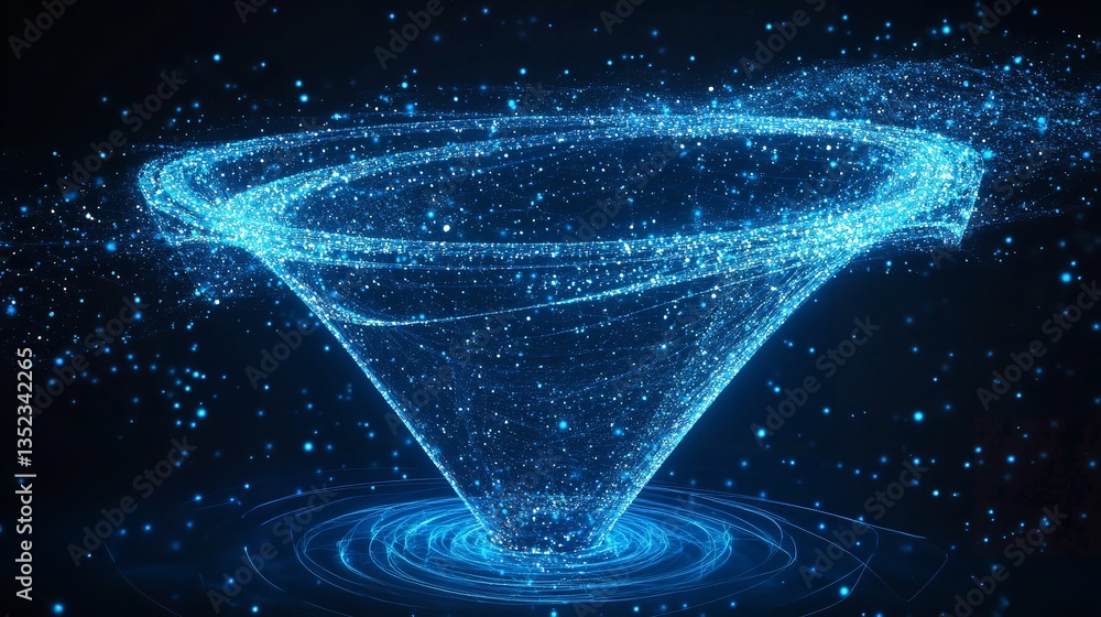A digital rendering of a blue glowing funnel shape with particles on a dark background with circles A digital rendering of a blue glowing funnel shape with particles on a dark background with circles