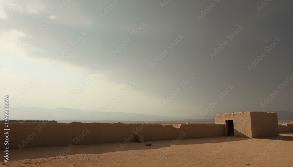 Fototapeta premium Cracked, weathered, terracotta tiles, adobe wall, desert landscape, leaden sky, taupe, slate grey, gradient, abandoned, worn, rustic, earthy tones, crumbling architecture, dry soil, parched ground, ar