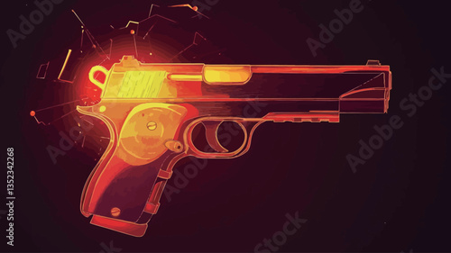 Close-up digital illustration of a handgun rendered in shades of red and orange, with a glowing effect. The image is dark, with the handgun as the central focus.  The glow appears to emanate from