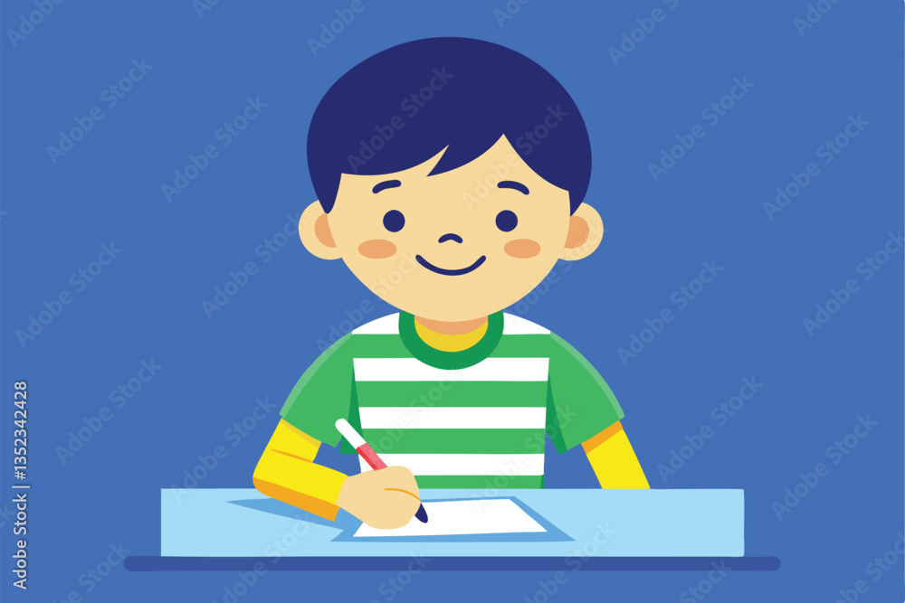Smiling Boy Drawing Illustration, Child with Striped Shirt at Light Blue Table Smiling Boy Drawing Illustration, Child with Striped Shirt at Light Blue Table