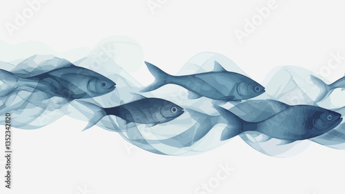 The image is an illustration depicting a school of stylized fish swimming in a wavy pattern.  The fish are rendered in shades of blue with a translucent, almost ethereal quality. They appear to be