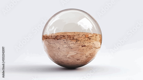 A digital rendering of a spherical, transparent container holding a sample of brown soil or sand. The sphere is perfectly smooth and rests on a plain white background. The soil inside appears