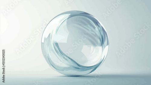 A digitally rendered image depicting a transparent glass sphere. The sphere has a smooth, glossy surface with subtle internal swirls of light blue hues.  The background is a light, neutral