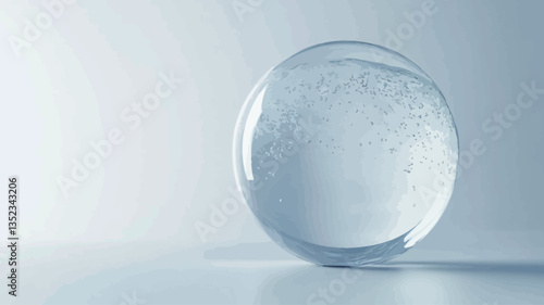 A close-up shot of a translucent, spherical glass object resting on a white surface. The sphere exhibits an internal texture resembling small, irregular bubbles or frost, primarily concentrated