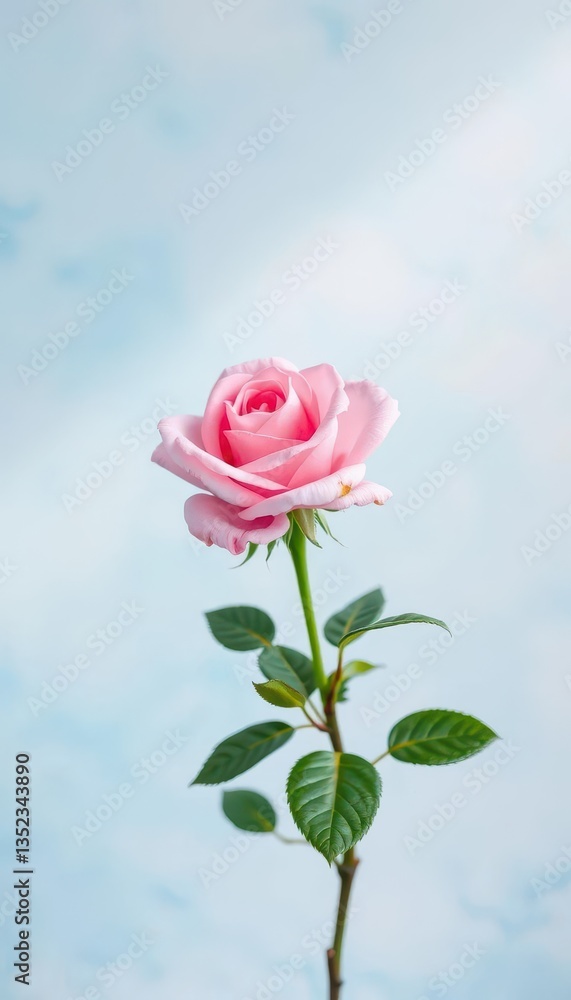 Fototapeta premium A single pink rose blossoms against a soft blue and white backdrop, soft, petals