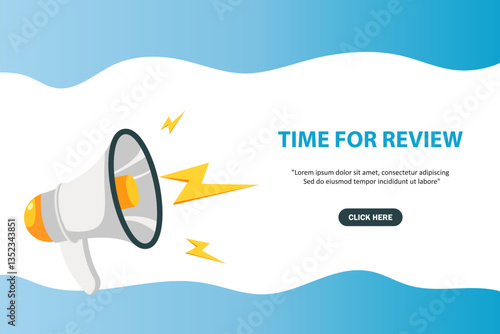 Megaphone with Time for review speech bubble. Loudspeaker. Banner for business, marketing and advertising. Vector illustration.
