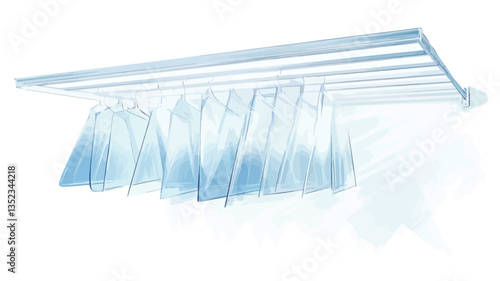 The image shows a digital illustration or rendering of a ceiling-mounted drying rack. The rack is rectangular and appears to be made of light-colored metal or wood with multiple parallel bars.