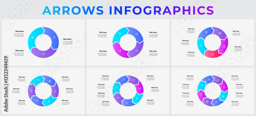 Circular Arrow Infographics for Business Workflow and Data Visualization with 3, 4, 5, 6, 7 and 8 options, steps or processes