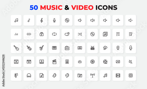 Collection of 50 minimalist music and video icons, perfect for multimedia projects, designs, and presentations