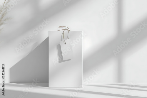 White Box with a Tag Mockup Standing in a Room with Shadow Overlay, Useful for Branding or Product Presentation
