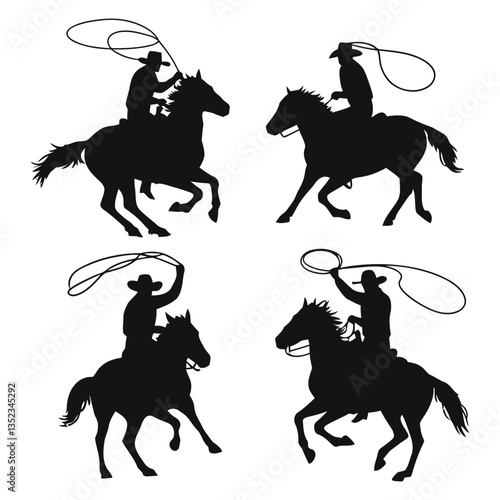 Collection set of Cowboy riding a horse with a lasso in a rodeo silhouette