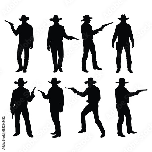 Collection set of Silhouettes of Cowboys with Guns in Various Poses with white background
