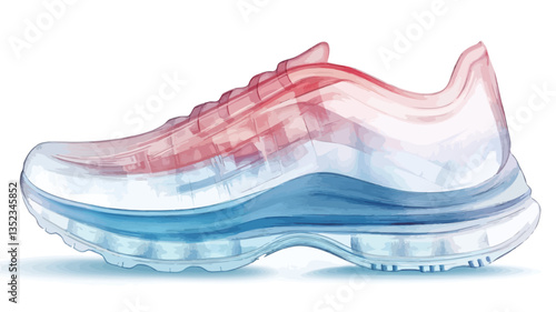 Digital illustration of a single athletic shoe depicted in a translucent style with a red and blue gradient. The shoe features a visible sole and laces, suggesting a running or training shoe