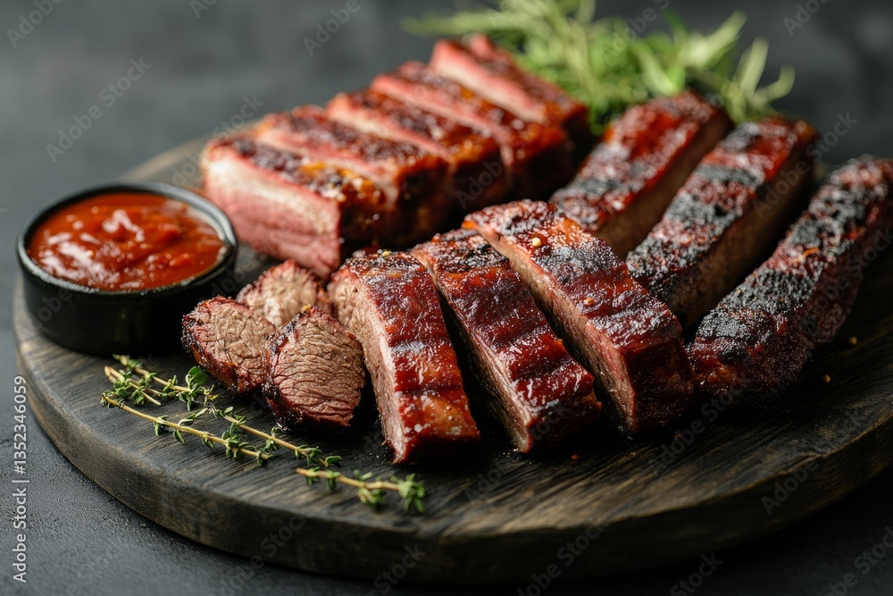 Delicious sliced grilled beef short ribs with barbecue sauce and rosemary lying on wooden cutting board Delicious sliced grilled beef short ribs with barbecue sauce and rosemary lying on wooden cutting board