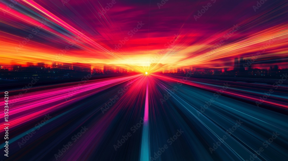 Obraz premium Retro 80s synth wave Miami landscape with neon sunset, futuristic sports car, and vibrant aesthetic color lines – nostalgic vaporwave digital art in cyberpunk style