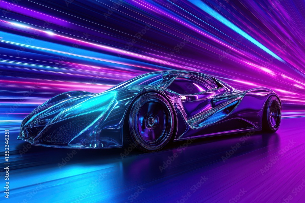 A futuristic car speeds through a tunnel with vibrant neon lights A futuristic car speeds through a tunnel with vibrant neon lights