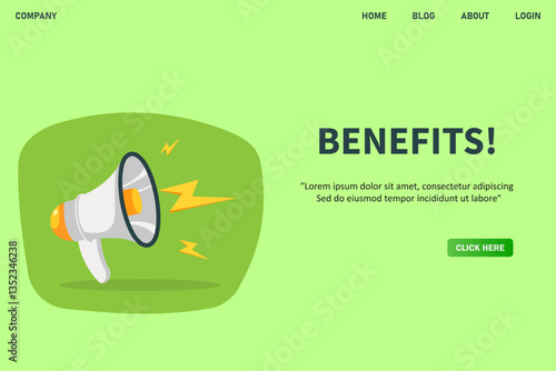 Benefits, banner with megaphone. Benefits speech bubble banner. Vector illustration for retail shopping online marketing template, banner, poster, and background.