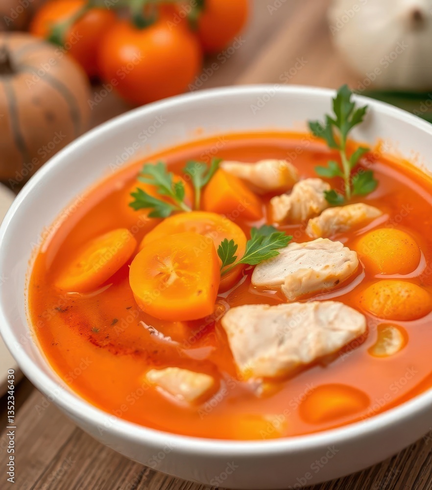 Creamy tomato soup with sliced carrots and tender chicken pieces in a white bowl, delicious, fresh, food photography Creamy tomato soup with sliced carrots and tender chicken pieces in a white bowl, delicious, fresh, food photography