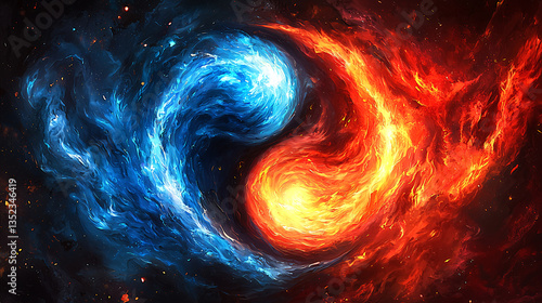 Yin-yang symbol made of water and fire swirling together, representing balance and peace