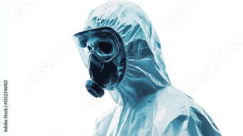 Close-up, stylized image of a person wearing a full hazmat suit and respirator. The image is rendered in shades of blue, creating a cool and somewhat sterile atmosphere.  The subject's face is
