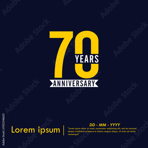 70th years anniversary celebration emblem. anniversary logo isolated with white ribbon on dark blue background. vector illustration template design for web, flyers, poster, greeting card	